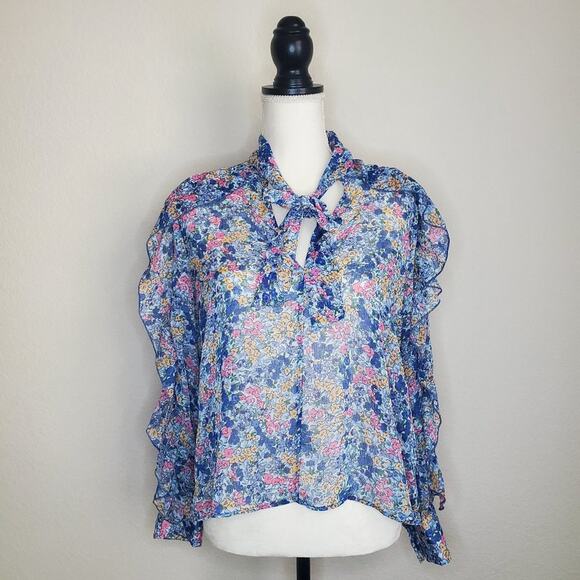 Zara Blue Sheer Floral Blouse XS - Picture 1 of 7